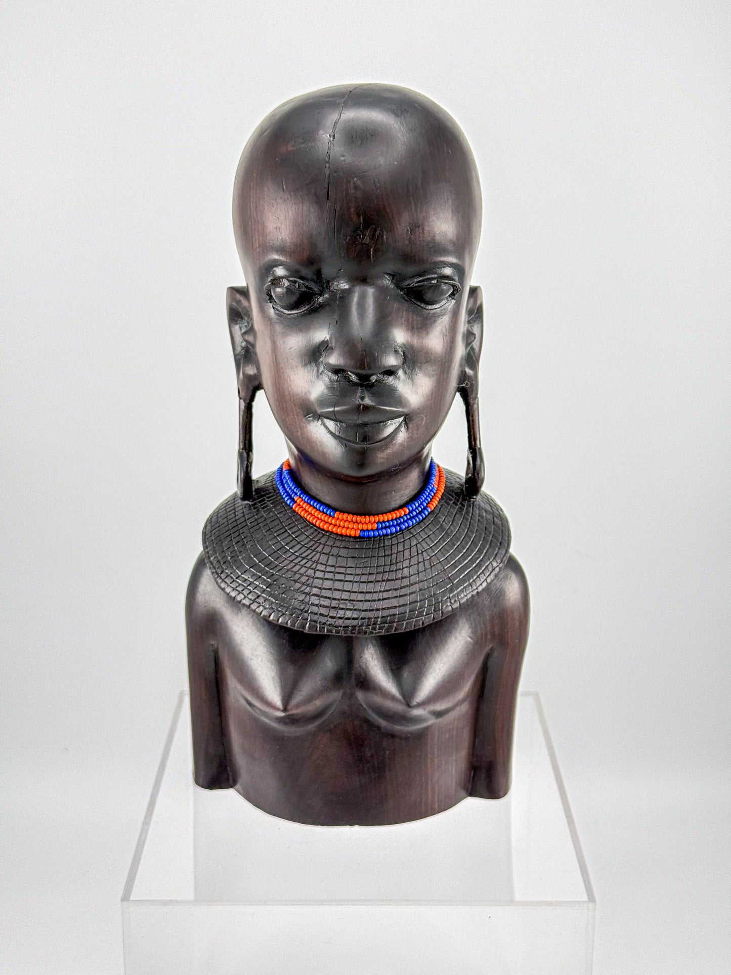 Vintage Hand-Carved Ironwood Maasai Woman Bust Sculpture with Beaded Necklace and Teardrop Earrings