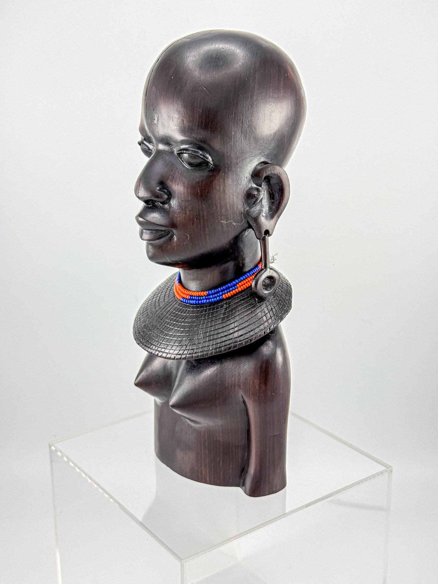 Vintage Hand-Carved Ironwood Maasai Woman Bust Sculpture with Beaded Necklace and Teardrop Earrings