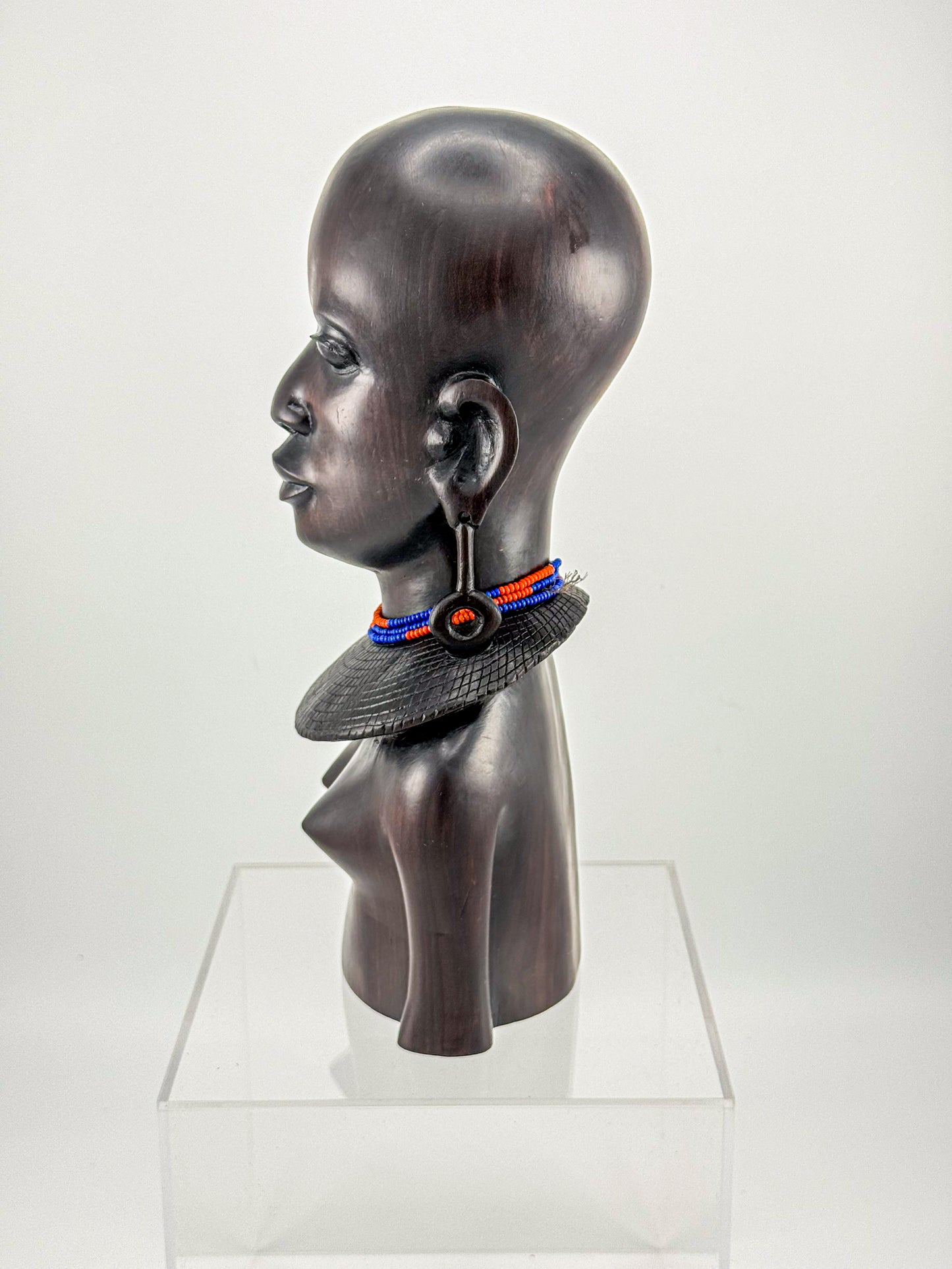 Vintage Hand-Carved Ironwood Maasai Woman Bust Sculpture with Beaded Necklace and Teardrop Earrings