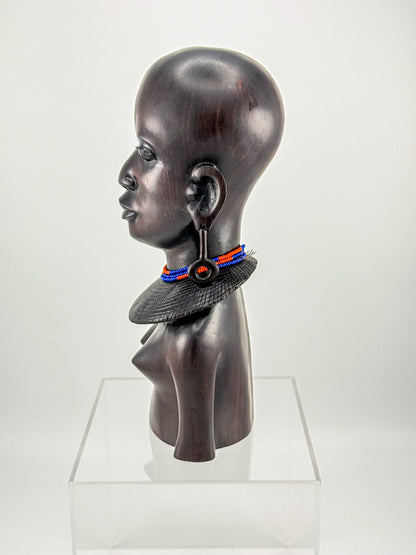 Vintage Hand-Carved Ironwood Maasai Woman Bust Sculpture with Beaded Necklace and Teardrop Earrings
