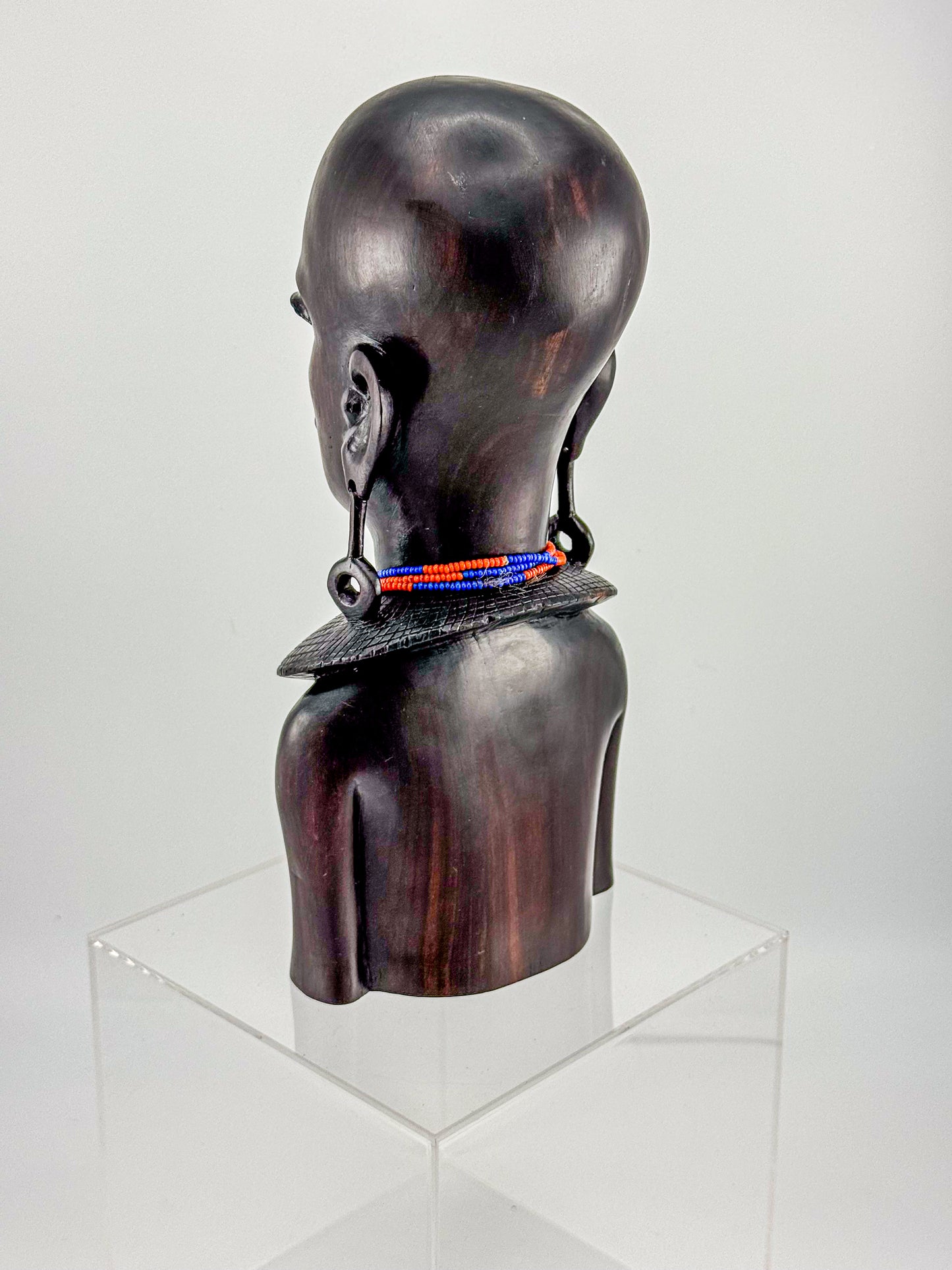Vintage Hand-Carved Ironwood Maasai Woman Bust Sculpture with Beaded Necklace and Teardrop Earrings