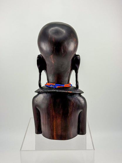 Vintage Hand-Carved Ironwood Maasai Woman Bust Sculpture with Beaded Necklace and Teardrop Earrings