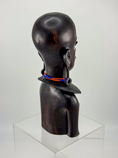 Vintage Hand-Carved Ironwood Maasai Woman Bust Sculpture with Beaded Necklace and Teardrop Earrings