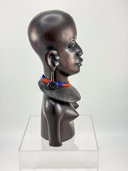 Vintage Hand-Carved Ironwood Maasai Woman Bust Sculpture with Beaded Necklace and Teardrop Earrings