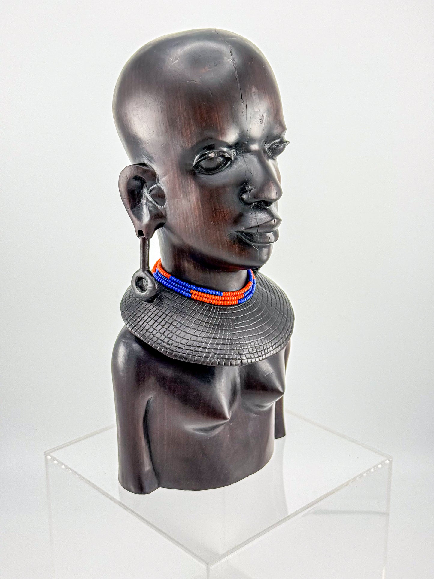 Vintage Hand-Carved Ironwood Maasai Woman Bust Sculpture with Beaded Necklace and Teardrop Earrings