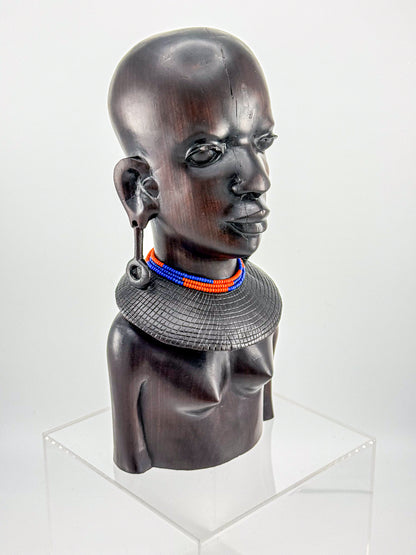 Vintage Hand-Carved Ironwood Maasai Woman Bust Sculpture with Beaded Necklace and Teardrop Earrings
