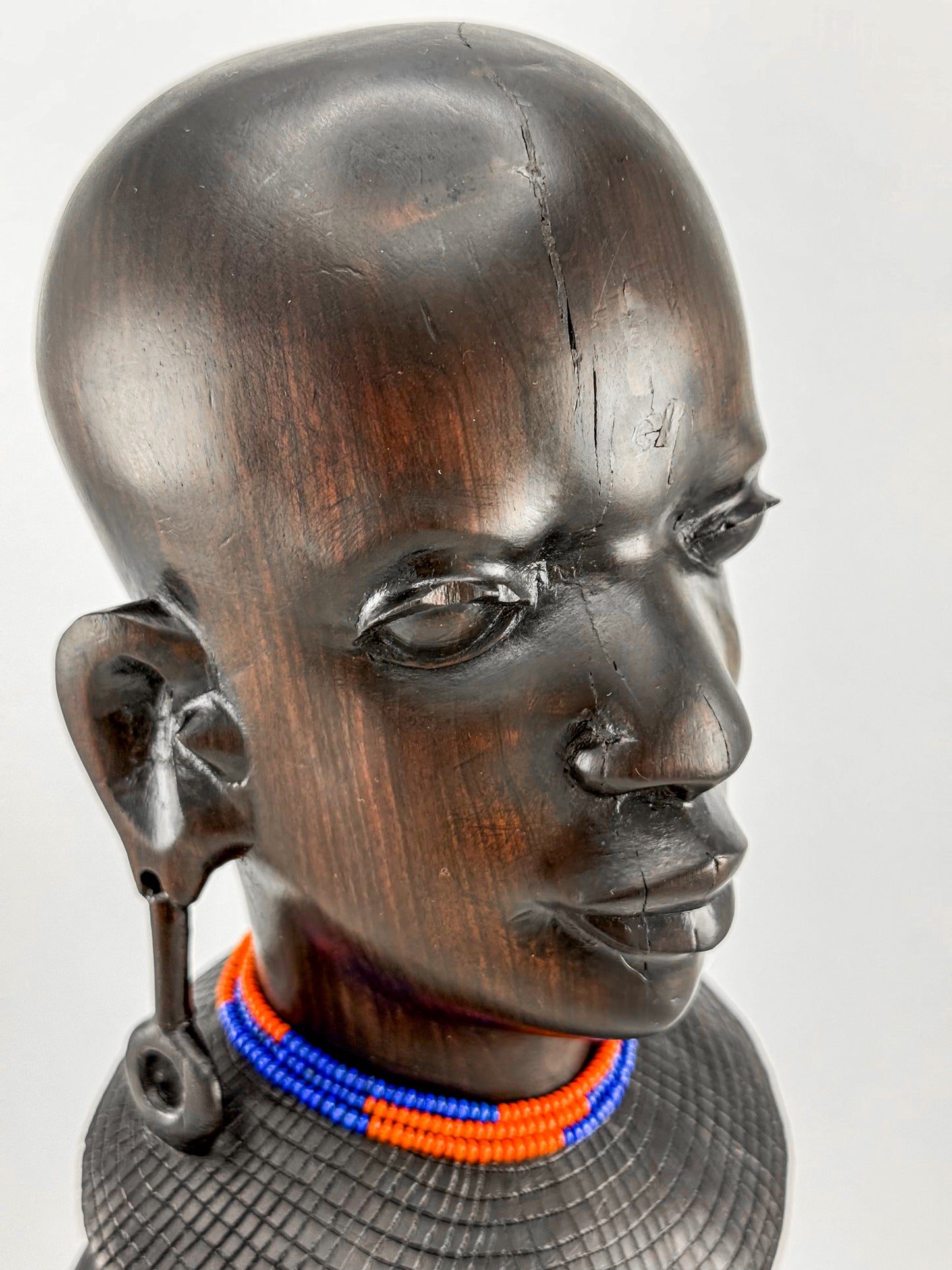 Vintage Hand-Carved Ironwood Maasai Woman Bust Sculpture with Beaded Necklace and Teardrop Earrings