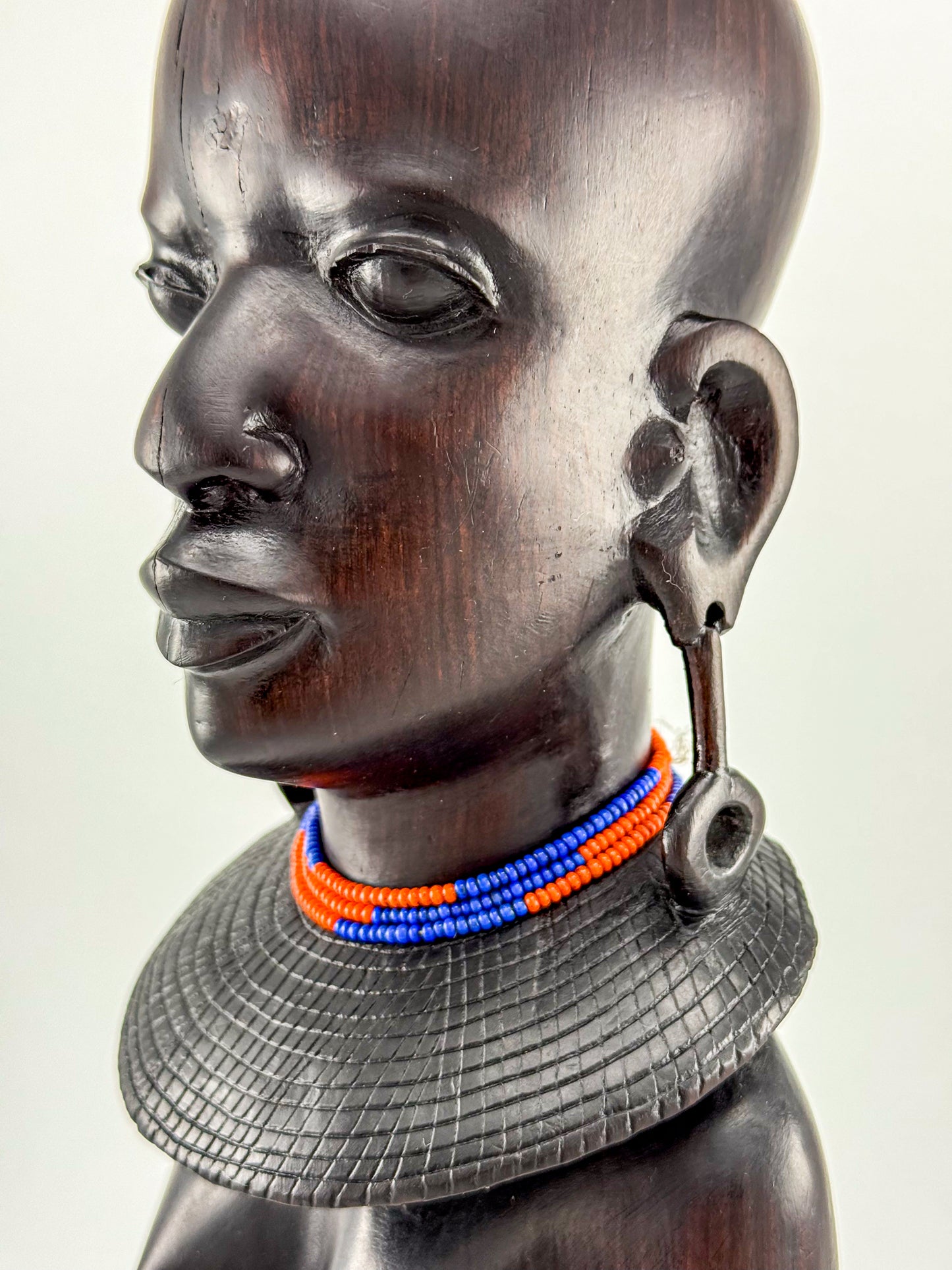 Vintage Hand-Carved Ironwood Maasai Woman Bust Sculpture with Beaded Necklace and Teardrop Earrings