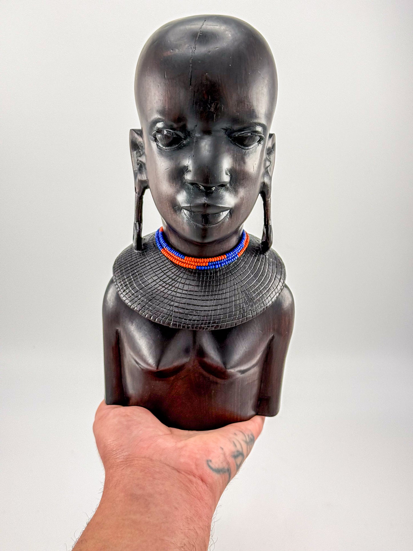Vintage Hand-Carved Ironwood Maasai Woman Bust Sculpture with Beaded Necklace and Teardrop Earrings