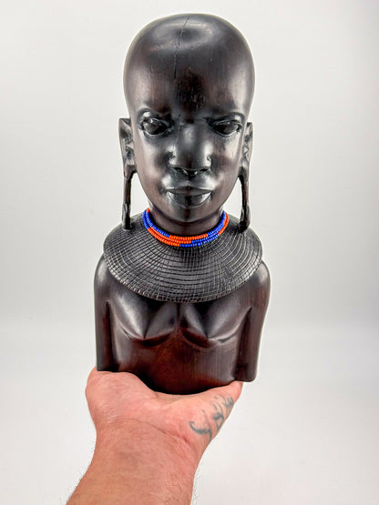 Vintage Hand-Carved Ironwood Maasai Woman Bust Sculpture with Beaded Necklace and Teardrop Earrings