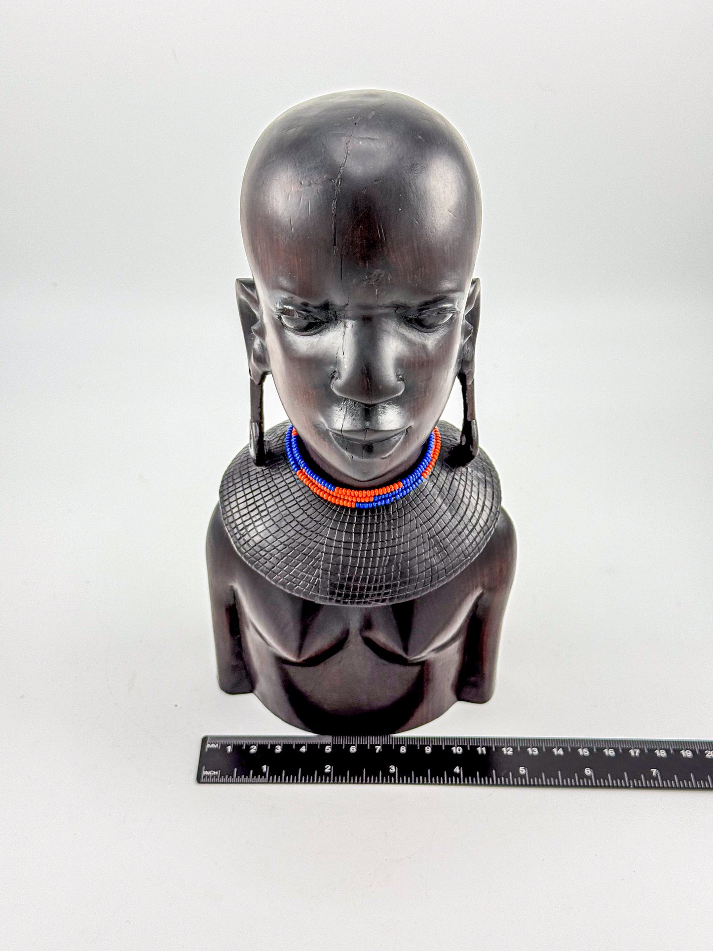 Vintage Hand-Carved Ironwood Maasai Woman Bust Sculpture with Beaded Necklace and Teardrop Earrings