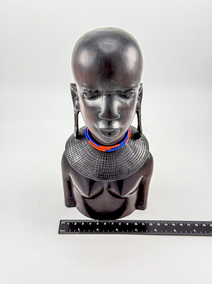 Vintage Hand-Carved Ironwood Maasai Woman Bust Sculpture with Beaded Necklace and Teardrop Earrings