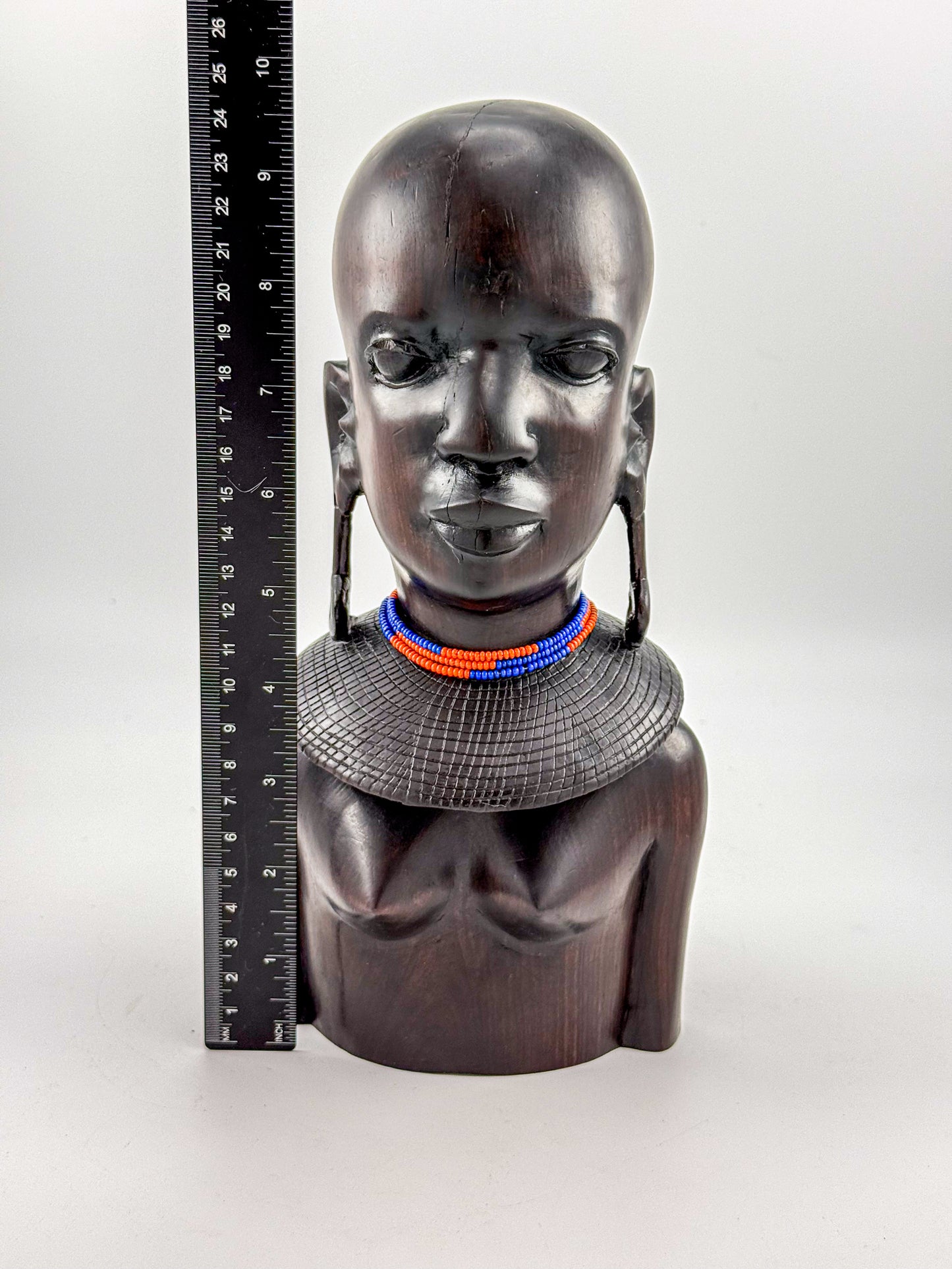 Vintage Hand-Carved Ironwood Maasai Woman Bust Sculpture with Beaded Necklace and Teardrop Earrings