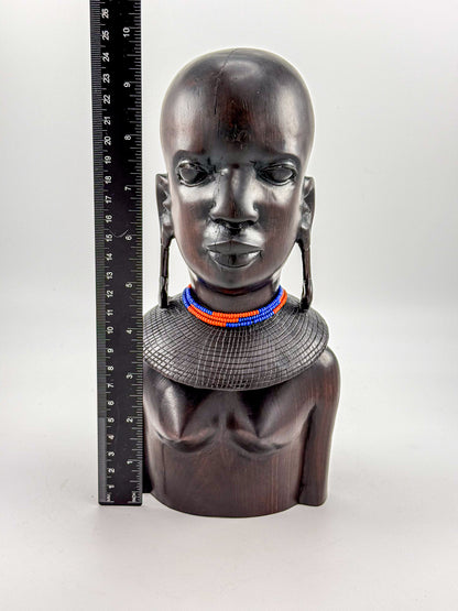 Vintage Hand-Carved Ironwood Maasai Woman Bust Sculpture with Beaded Necklace and Teardrop Earrings