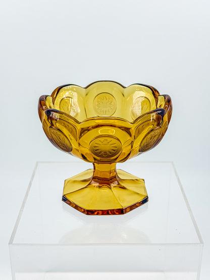 Fostoria Coin Glass Amber Pedestal Compote Candy Dish with Eagle Coin Motifs and Scalloped Rim