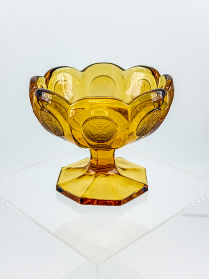 Fostoria Coin Glass Amber Pedestal Compote Candy Dish with Eagle Coin Motifs and Scalloped Rim