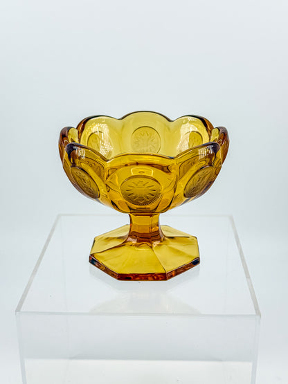 Fostoria Coin Glass Amber Pedestal Compote Candy Dish with Eagle Coin Motifs and Scalloped Rim