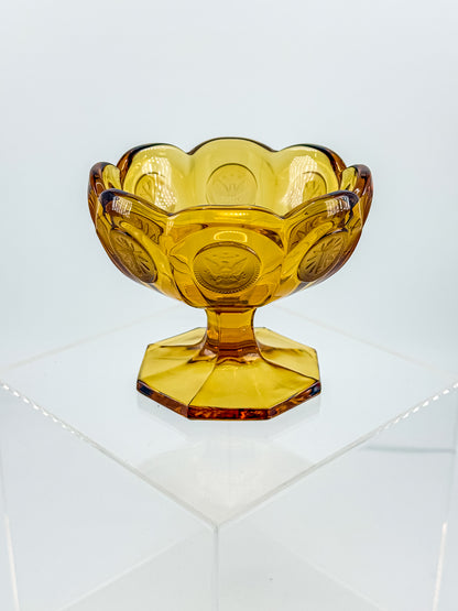 Fostoria Coin Glass Amber Pedestal Compote Candy Dish with Eagle Coin Motifs and Scalloped Rim