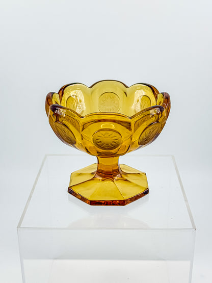 Fostoria Coin Glass Amber Pedestal Compote Candy Dish with Eagle Coin Motifs and Scalloped Rim