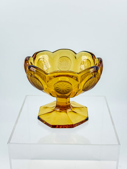 Fostoria Coin Glass Amber Pedestal Compote Candy Dish with Eagle Coin Motifs and Scalloped Rim