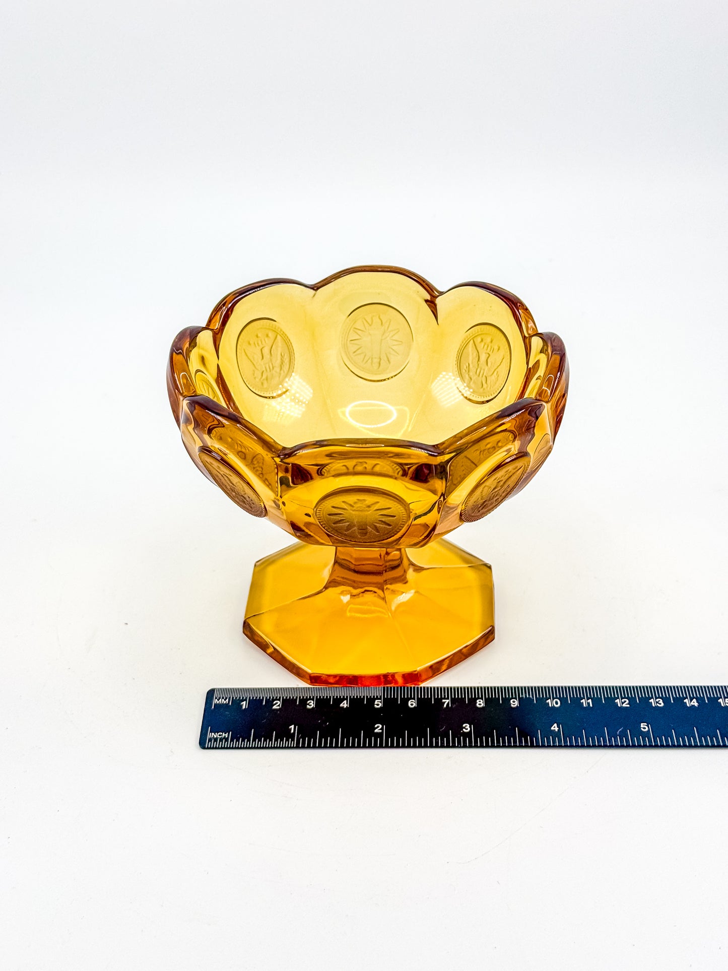 Fostoria Coin Glass Amber Pedestal Compote Candy Dish with Eagle Coin Motifs and Scalloped Rim
