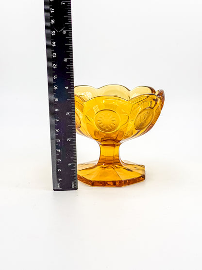 Fostoria Coin Glass Amber Pedestal Compote Candy Dish with Eagle Coin Motifs and Scalloped Rim