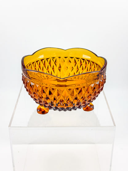 Indiana Glass Diamond Point Amber Footed Bowl with Scalloped Rim, Vintage Mid-Century Pressed Glass