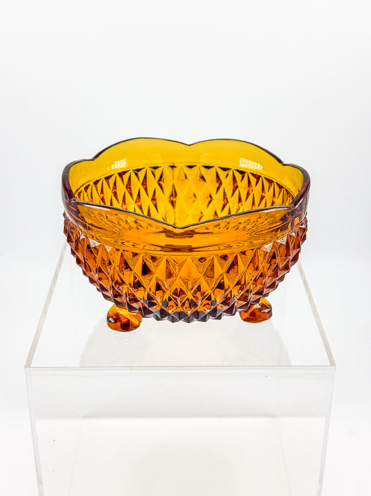Indiana Glass Diamond Point Amber Footed Bowl with Scalloped Rim, Vintage Mid-Century Pressed Glass
