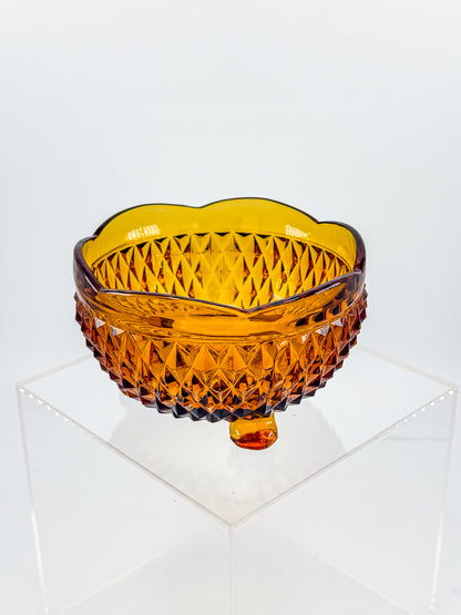 Indiana Glass Diamond Point Amber Footed Bowl with Scalloped Rim, Vintage Mid-Century Pressed Glass
