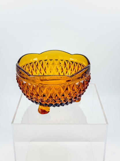 Indiana Glass Diamond Point Amber Footed Bowl with Scalloped Rim, Vintage Mid-Century Pressed Glass
