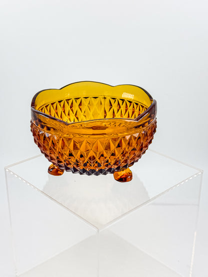 Indiana Glass Diamond Point Amber Footed Bowl with Scalloped Rim, Vintage Mid-Century Pressed Glass