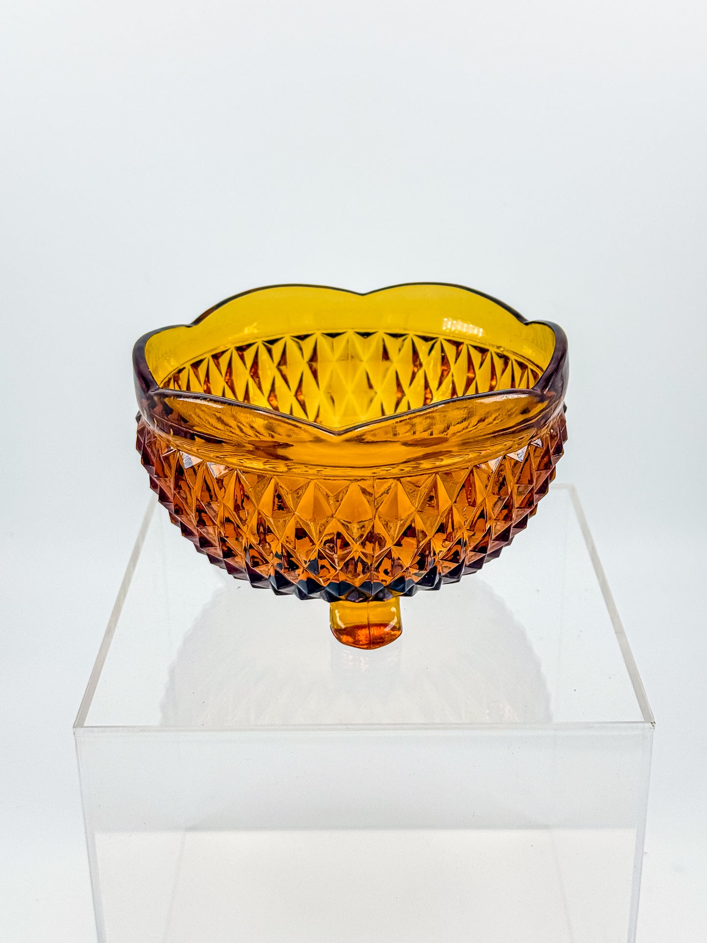 Indiana Glass Diamond Point Amber Footed Bowl with Scalloped Rim, Vintage Mid-Century Pressed Glass