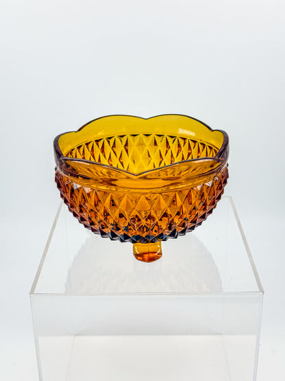 Indiana Glass Diamond Point Amber Footed Bowl with Scalloped Rim, Vintage Mid-Century Pressed Glass