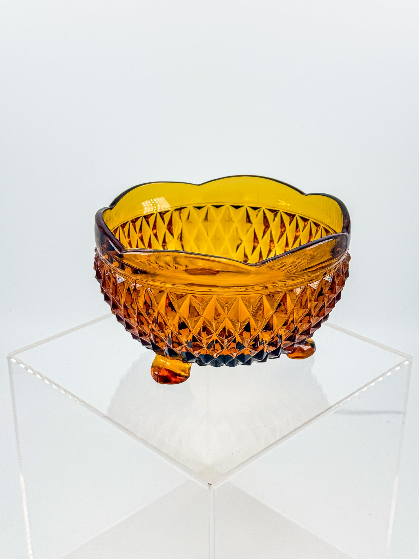 Indiana Glass Diamond Point Amber Footed Bowl with Scalloped Rim, Vintage Mid-Century Pressed Glass