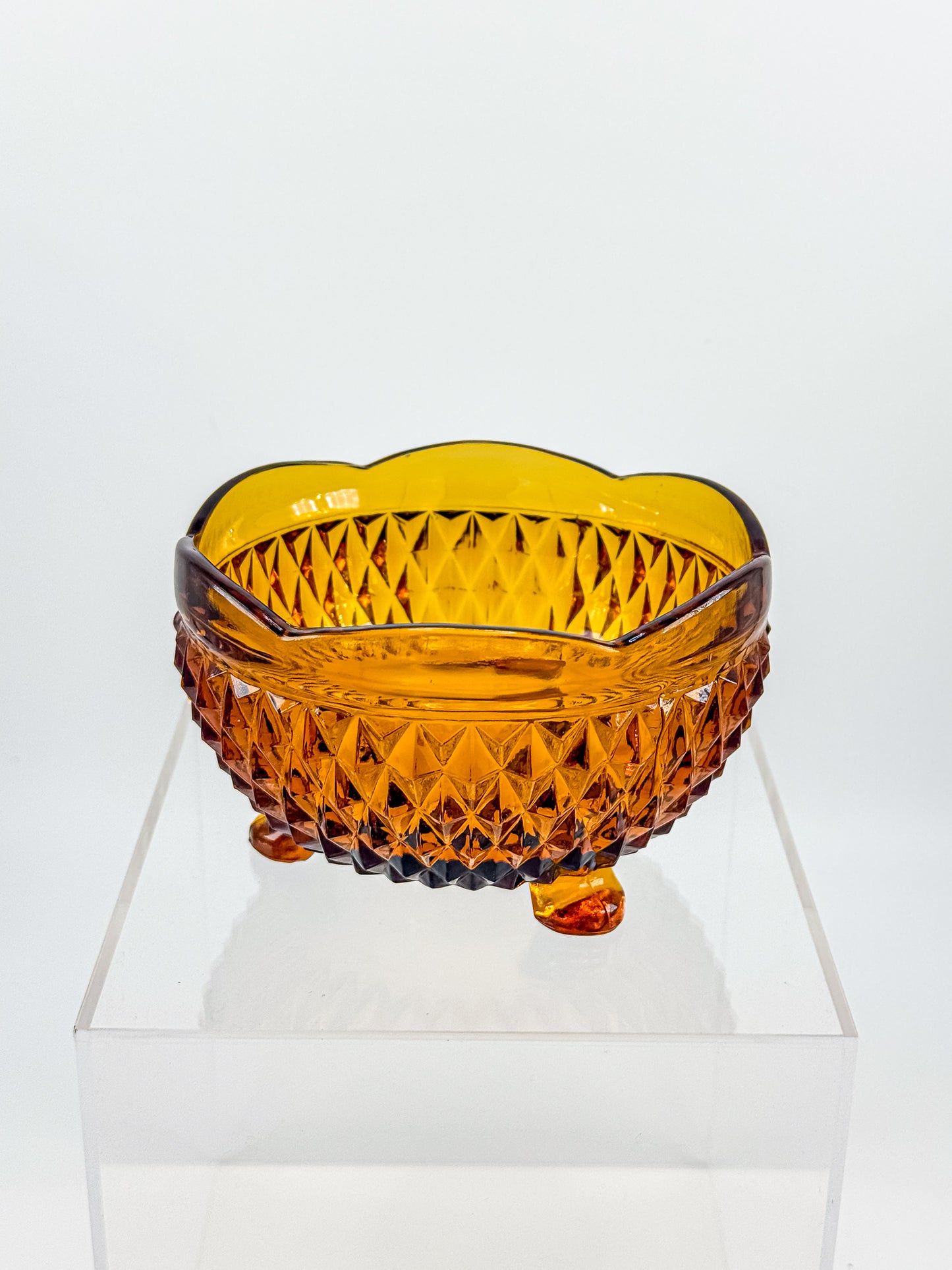 Indiana Glass Diamond Point Amber Footed Bowl with Scalloped Rim, Vintage Mid-Century Pressed Glass