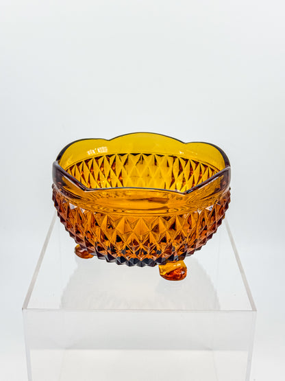 Indiana Glass Diamond Point Amber Footed Bowl with Scalloped Rim, Vintage Mid-Century Pressed Glass