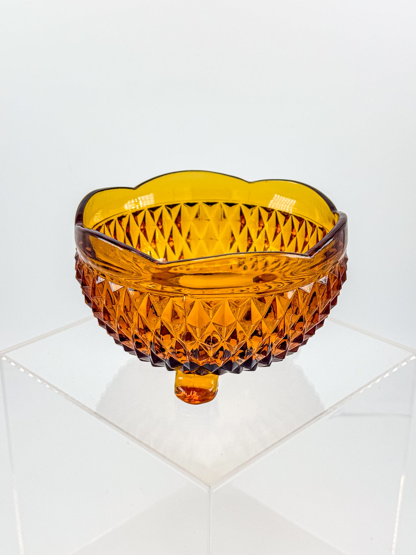 Indiana Glass Diamond Point Amber Footed Bowl with Scalloped Rim, Vintage Mid-Century Pressed Glass