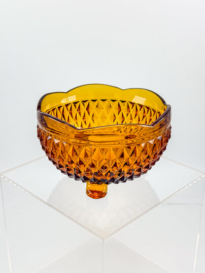 Indiana Glass Diamond Point Amber Footed Bowl with Scalloped Rim, Vintage Mid-Century Pressed Glass