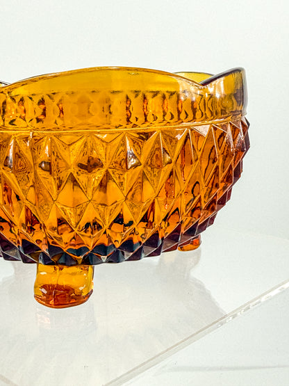 Indiana Glass Diamond Point Amber Footed Bowl with Scalloped Rim, Vintage Mid-Century Pressed Glass