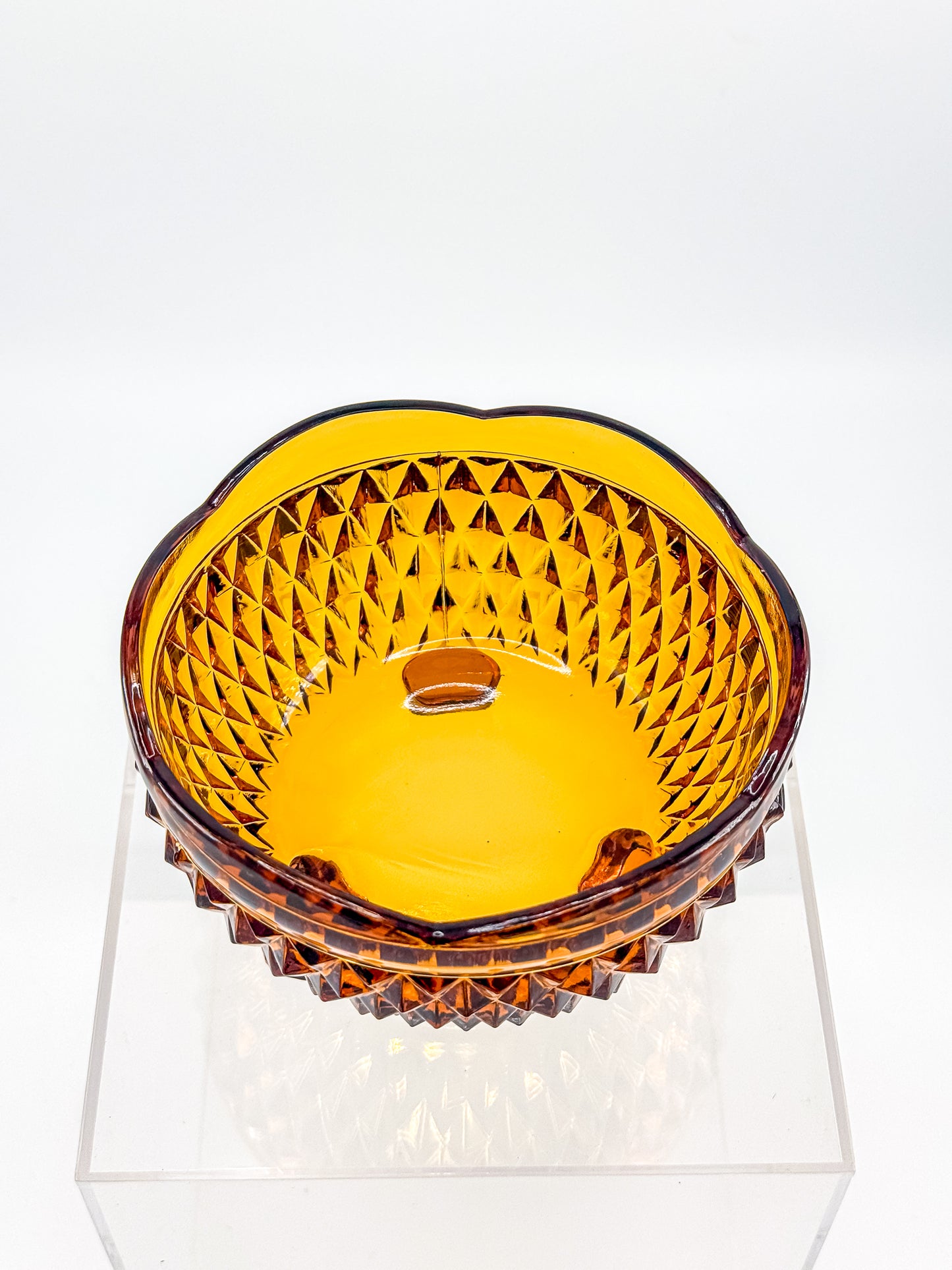 Indiana Glass Diamond Point Amber Footed Bowl with Scalloped Rim, Vintage Mid-Century Pressed Glass