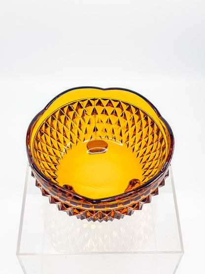Indiana Glass Diamond Point Amber Footed Bowl with Scalloped Rim, Vintage Mid-Century Pressed Glass