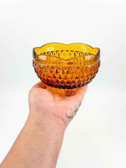 Indiana Glass Diamond Point Amber Footed Bowl with Scalloped Rim, Vintage Mid-Century Pressed Glass