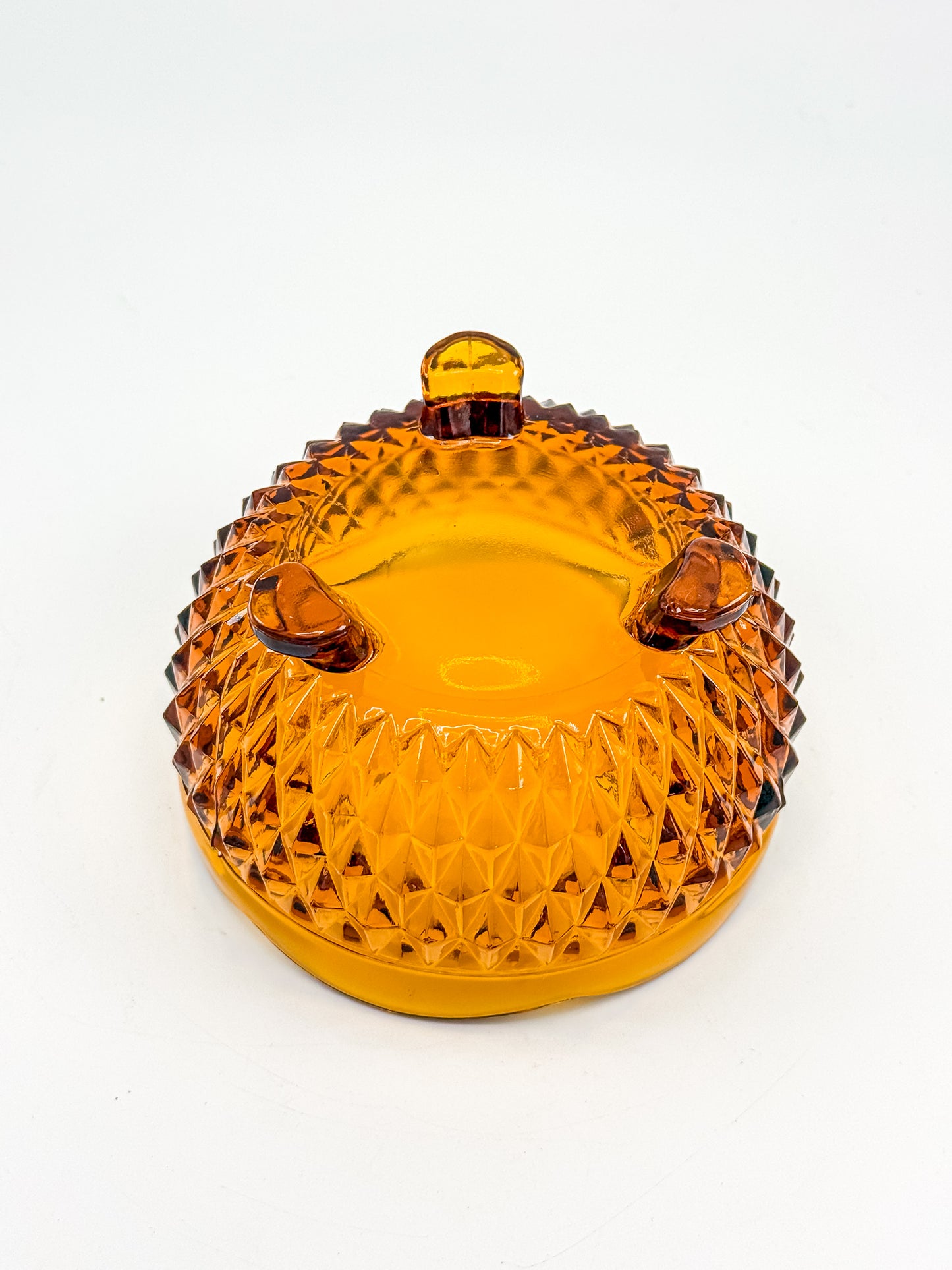 Indiana Glass Diamond Point Amber Footed Bowl with Scalloped Rim, Vintage Mid-Century Pressed Glass