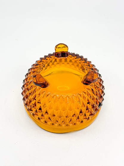 Indiana Glass Diamond Point Amber Footed Bowl with Scalloped Rim, Vintage Mid-Century Pressed Glass