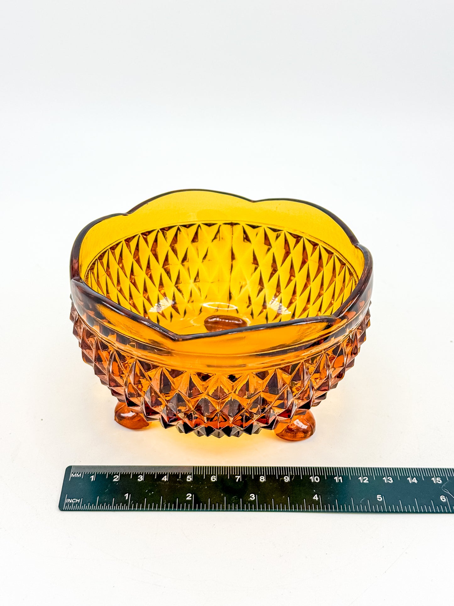 Indiana Glass Diamond Point Amber Footed Bowl with Scalloped Rim, Vintage Mid-Century Pressed Glass