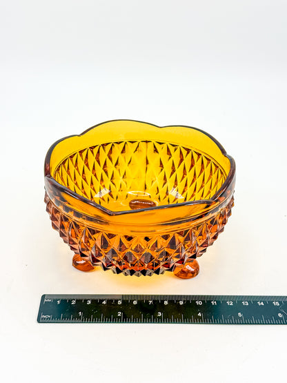 Indiana Glass Diamond Point Amber Footed Bowl with Scalloped Rim, Vintage Mid-Century Pressed Glass
