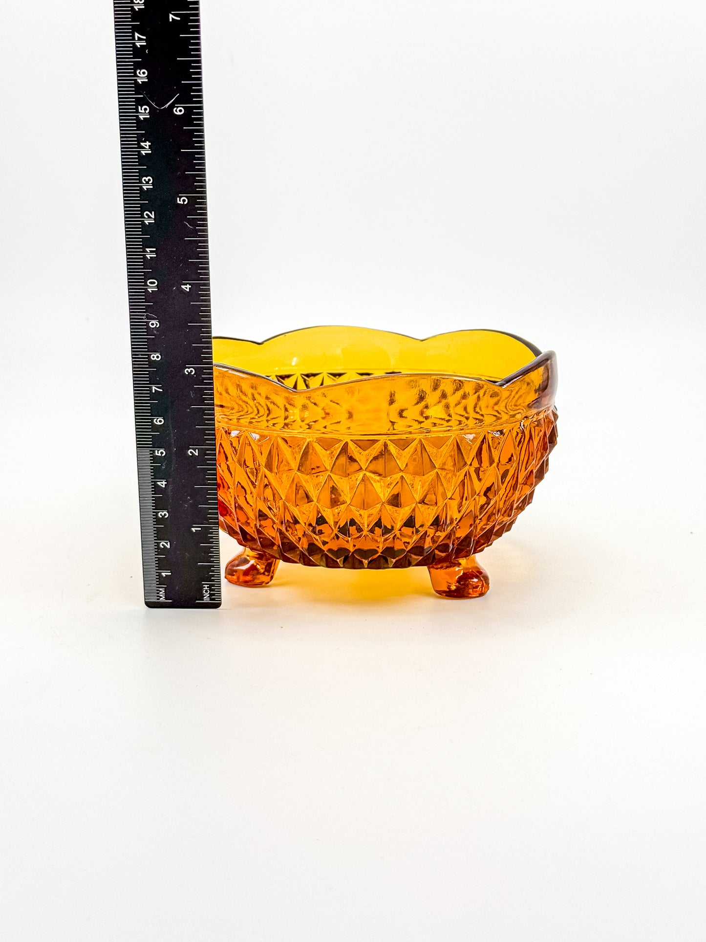 Indiana Glass Diamond Point Amber Footed Bowl with Scalloped Rim, Vintage Mid-Century Pressed Glass