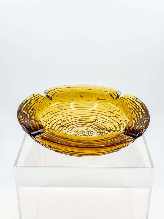Vintage Anchor Hocking Soreno Amber Glass Ashtray with Concentric Bark Texture and Four Cigarette Rests