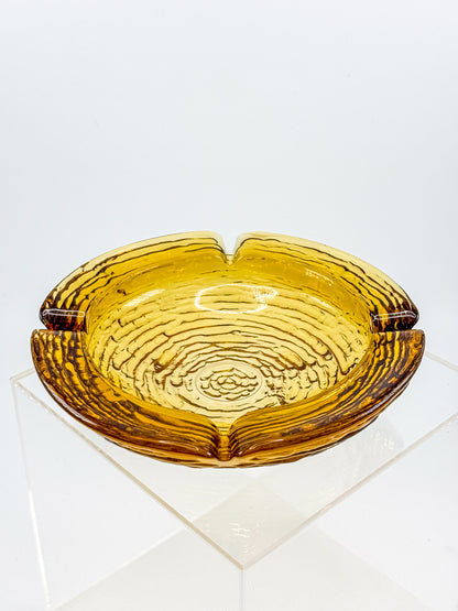 Vintage Anchor Hocking Soreno Amber Glass Ashtray with Concentric Bark Texture and Four Cigarette Rests