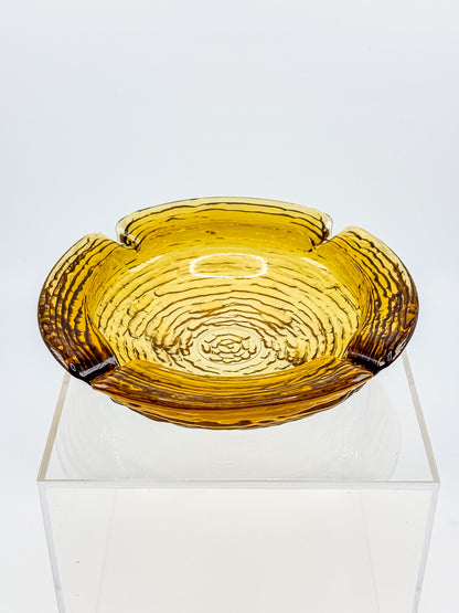 Vintage Anchor Hocking Soreno Amber Glass Ashtray with Concentric Bark Texture and Four Cigarette Rests
